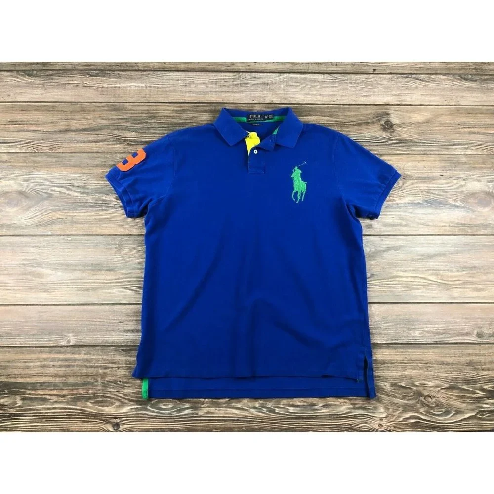 Mens Polo Ralph Lauren Custom Fit Rugby Style Polo Shirt Size XL Blue White